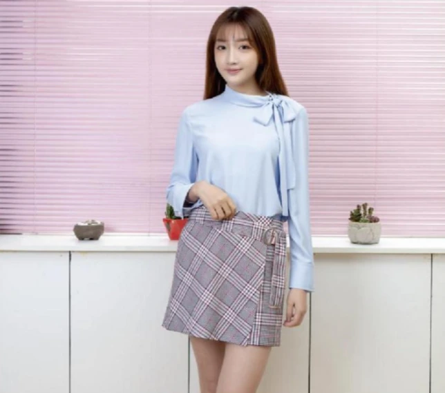 Bow-neck Blouse & Checked Skirt